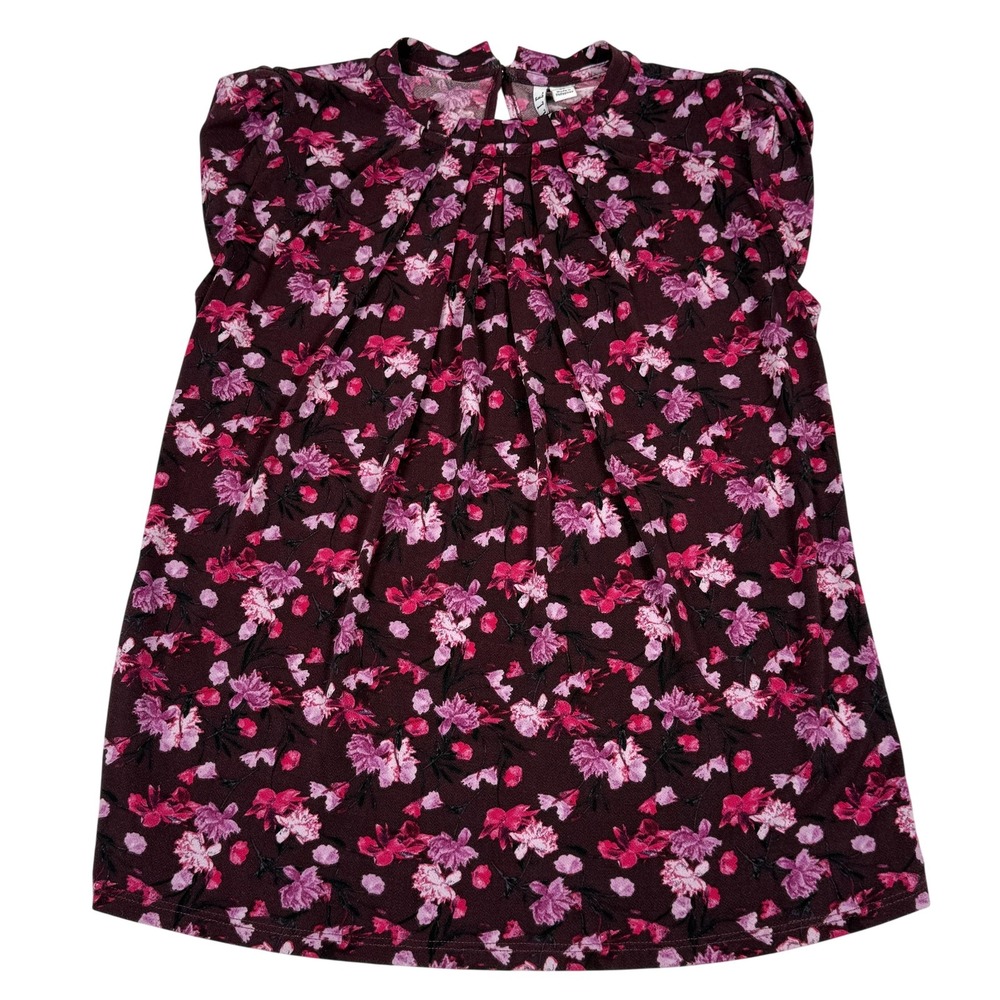 ELLE Blouse Womens XS Burgundy Pink Floral Sleeveless Pleated‎ Top Stretch Knit